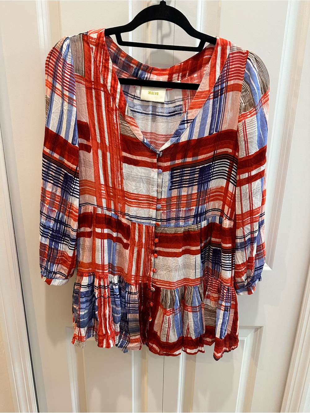 Maeve by Anthropologie Red, Blue and White Plaid Button-Front Tunic
